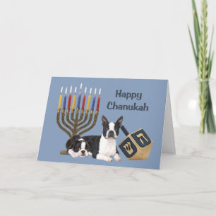 Cartão De Festividades Boston Terrier Chanukah Card Menorah Dreidel1