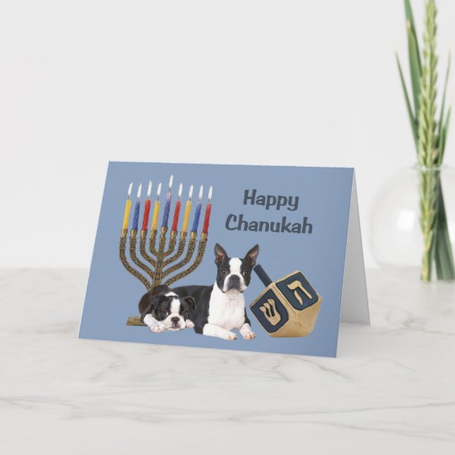 Cartão De Festividades Boston Terrier Chanukah Card Menorah Dreidel1 (Frente)