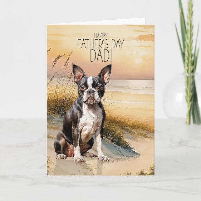 Cartão De Festividades Boston Terrier Dog Sunset Beach Father's Day (Frente)