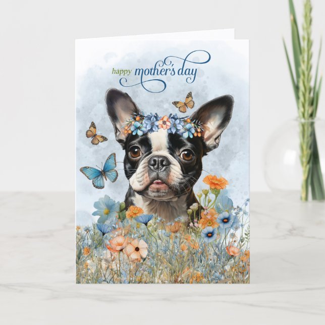 Cartão De Festividades Boston Terrier Dog Wildflowers Mother's Day (Frente)
