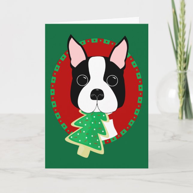 Cartão De Festividades Boston Terrier Natal (Frente)