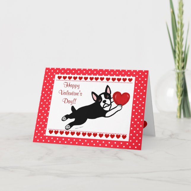 Cartão De Festividades Boston Terrier & Red Heart Valentine (Frente)