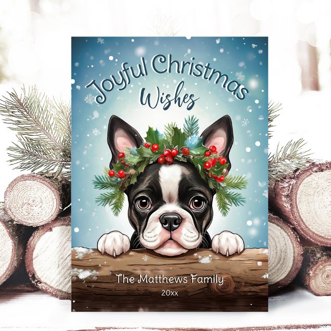Cartão De Festividades Boston Terrier Winter Wonderland Feliz Natal (Adorable Winter Snowy Scene With Peeking Dogs or Farm/Woodland Animals - Over 50 to Choose From!)
