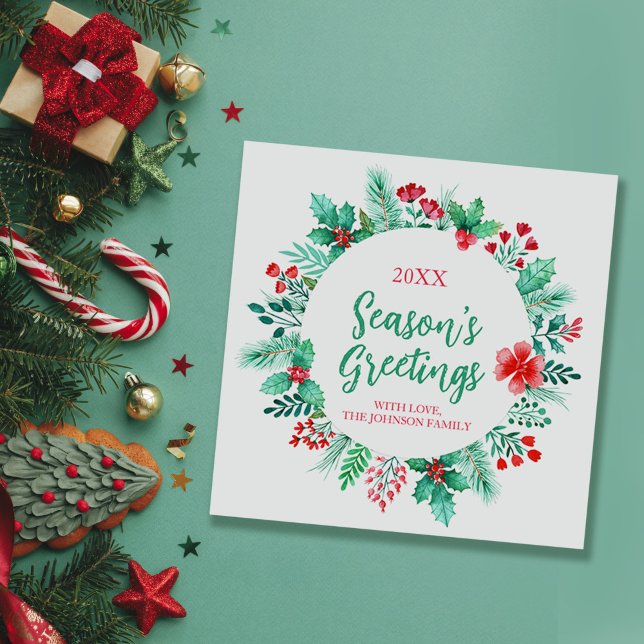 Cartão De Festividades Botânica de Aquarela Pintada à Mão com Holly (Watercolor Botanicals with Holly + Pine Christmas Holiday Card)