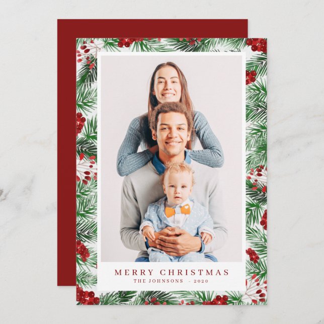 Cartão De Festividades Botânica de Folhagem de Natal Moderna de Watercolo (Frente/Verso)