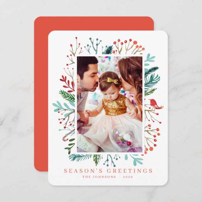 Cartão De Festividades Botânica de Folhagem de Natal Moderna em Watercolo (Frente/Verso)