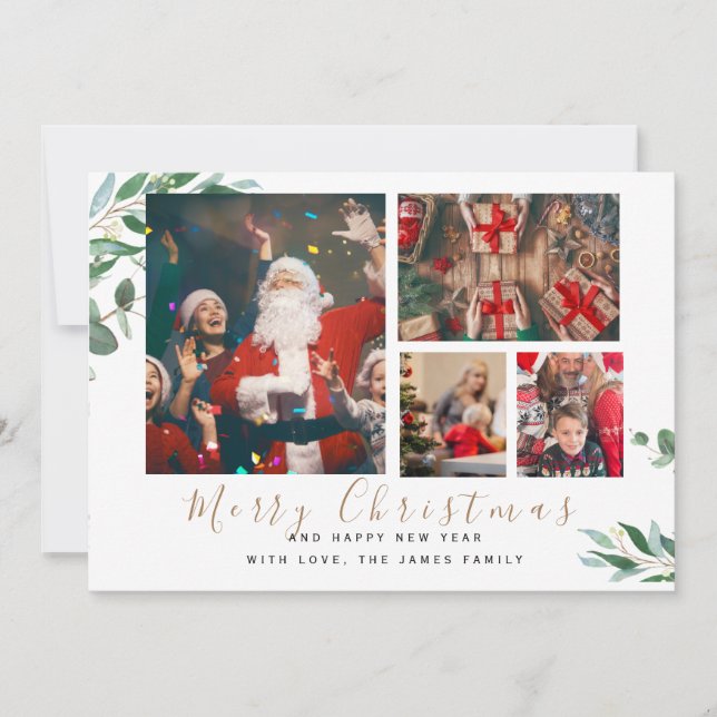 Cartão De Festividades Botânica de inverno Elegante 4 Imagens Natal (Frente)