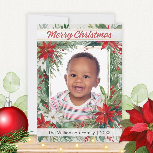 Cartão De Festividades Botânica de inverno Foto festiva Feliz Natal (A Christmas card with botanical greenery, red and white poinsettia flowers and custom photo and name)