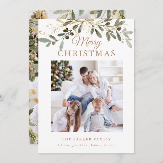Cartão De Festividades Botânica de Natal Russo | Duas Fotografias e Doura (Frente/Verso)