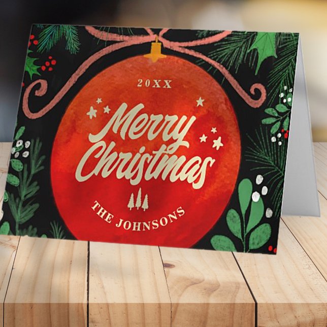 Cartão De Festividades Botânica de Ornamento de Bola Vermelha Moderna de  (Criador carregado)