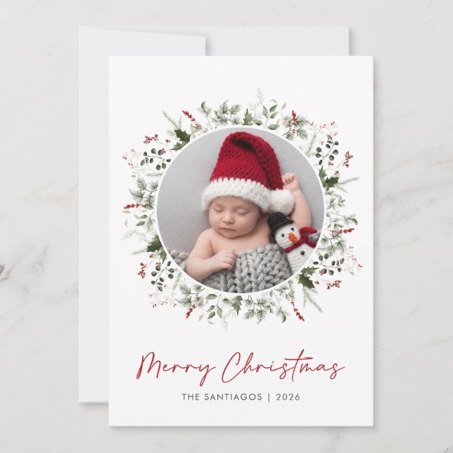 Cartão De Festividades Botânica Greenery Wreath Foto de Natal (Frente)