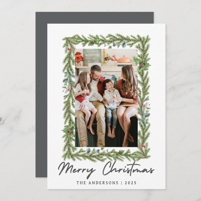 Cartão De Festividades Botanical Frame Christmas | Elegant Family 1 Photo (Frente/Verso)