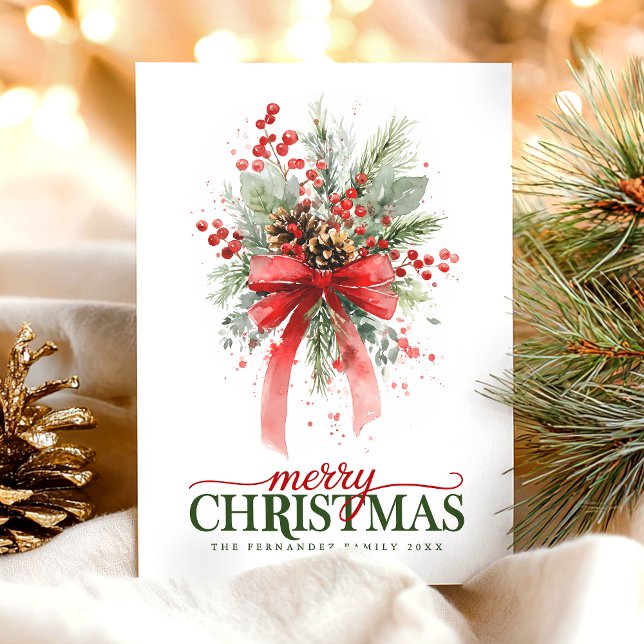 Cartão De Festividades  Botanical Greenery watercolor Merry Christmas (Criador carregado)