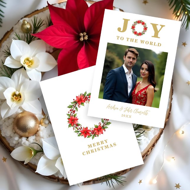 Cartão De Festividades Botanical Ponsettia Christmas Wreath Photo Family  (Botanical Poinsettias Christmas Wreath Photo Family Holidays Cards with Joy to the World Quote. )