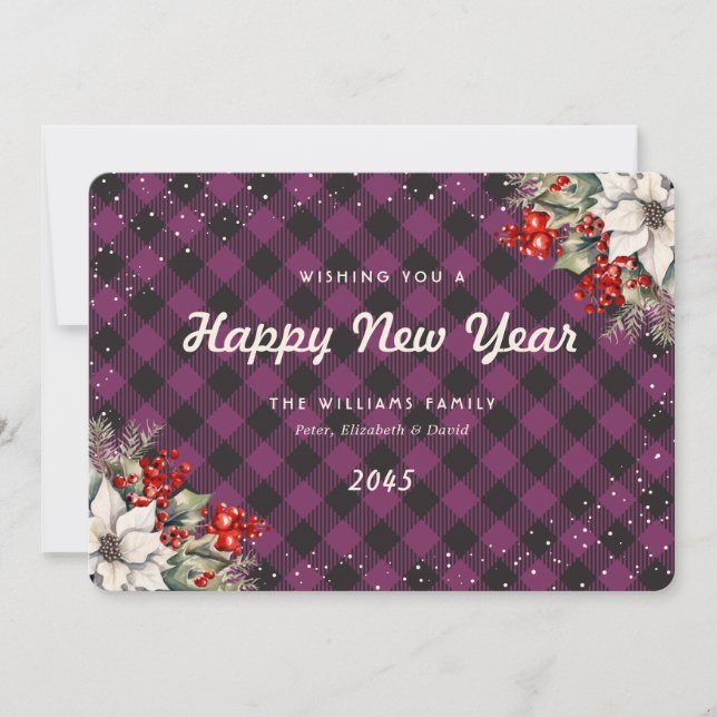 Cartão De Festividades Botanical Purple Plaid Snow New Year Card (Frente)