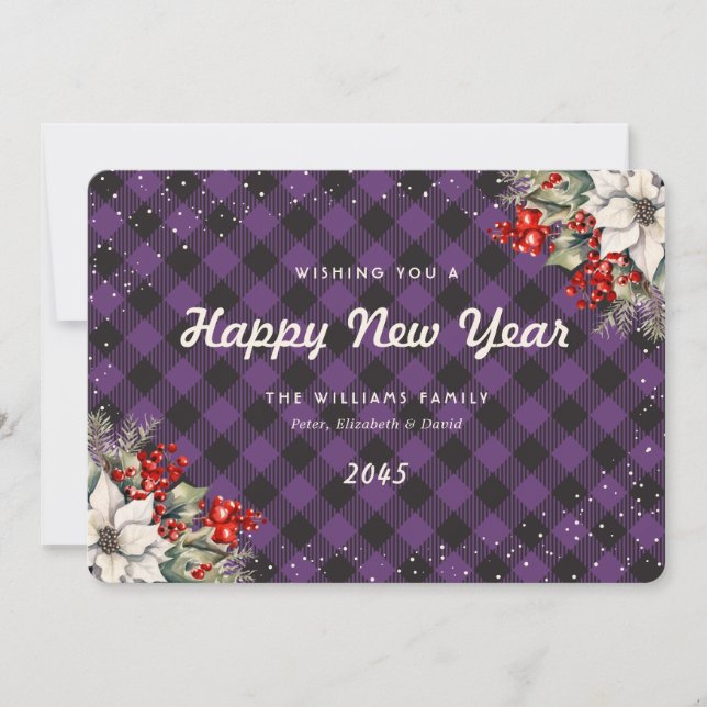 Cartão De Festividades Botanical Purple Plaid Snow New Year Card (Frente)