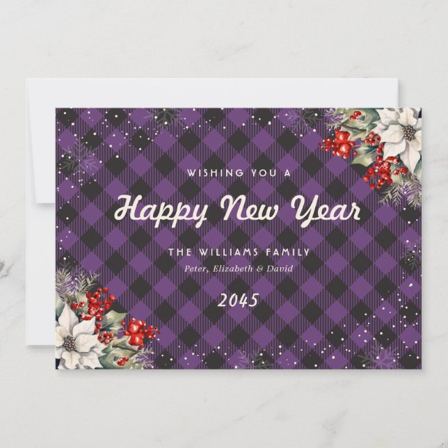 Cartão De Festividades Botanical Purple Plaid Snowflake New Year Card (Frente)