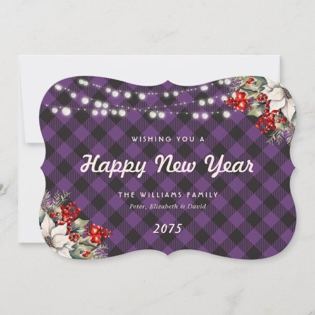 Cartão De Festividades Botanical Purple Plaid String Lights New Year Card (Frente)