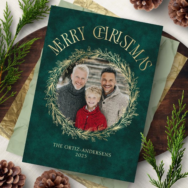 Cartão De Festividades Botanical Wreath Photo Christmas Card (Criador carregado)