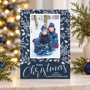 Cartão De Festividades Botânicos de Natal Branco em Foto Azul-Navy