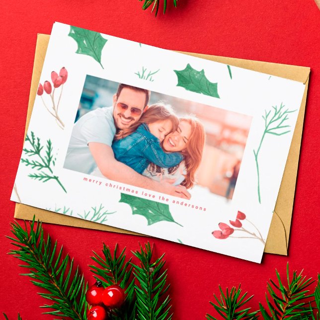 Cartão De Festividades Botânicos De Natal Modernos Na Foto Da Neve (Criador carregado)