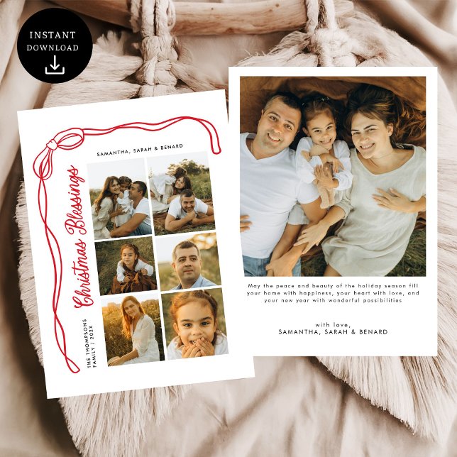 Cartão De Festividades Bow Christmas Blessings Family 6 Photos (Criador carregado)