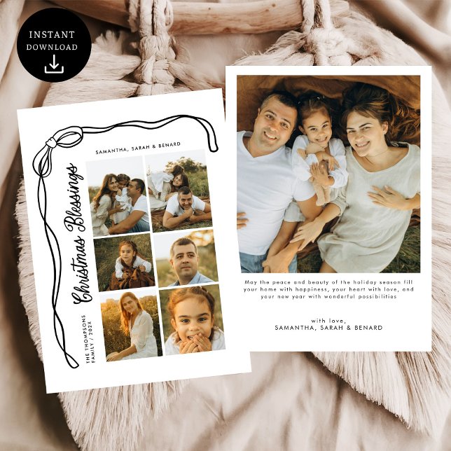 Cartão De Festividades Bow Christmas Blessings Family 6 Photos  (Criador carregado)