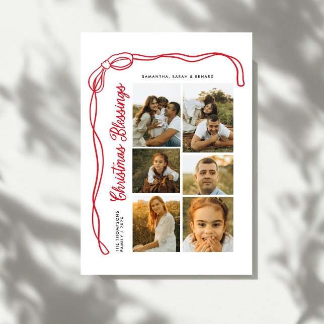 Cartão De Festividades Bow Christmas Blessings Script Family 6 Photos (Criador carregado)