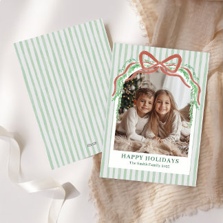 Cartão De Festividades Bow Green Stripe Christmas Photo Holiday Card