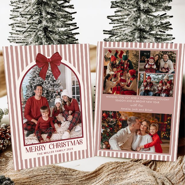 Cartão De Festividades Bow Stripe Family Photo Christmas Holiday Card (Criador carregado)