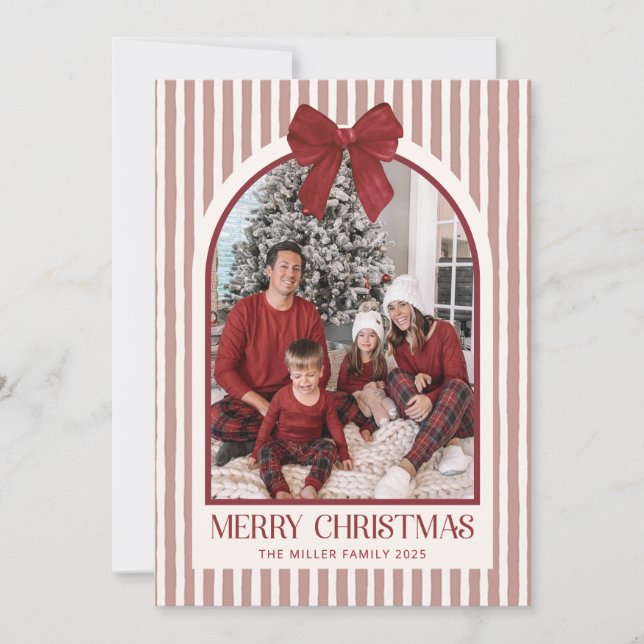 Cartão De Festividades Bow Stripe Family Photo Christmas Holiday Card (Frente)