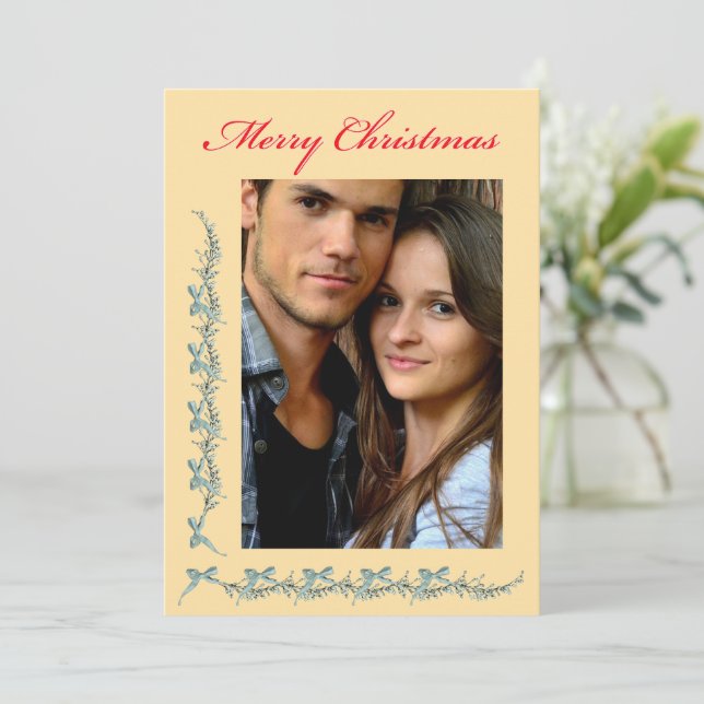 Cartão De Festividades Bows and Sprigs - Photo & Christmas message (Em pé/Frente)