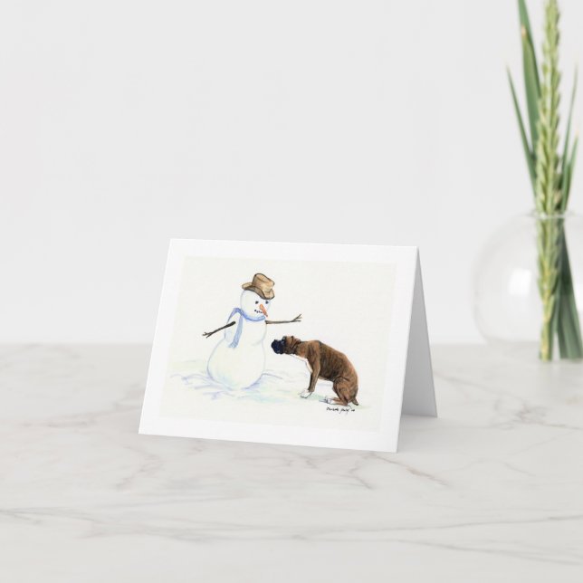 Cartão De Festividades "Boxer Meets Snowman" Dog Art Notecard (Frente)