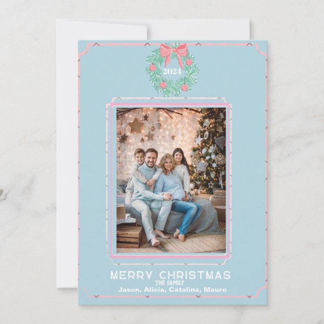 Cartão De Festividades Boxwood Wreath  with Pink Bows (Frente)