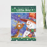Cartão De Festividades Boy, Cute Baby Reindeer and Snowman<br><div class="desc">For a little boy. A really cute, colorful Christmas card. The illustration shows a sweet baby deer with big open eyes and a fun snowman in a huge hat looking fondly, nose to nose, at each other. They are set against a blue watercolor sky and snow is falling around them....</div>