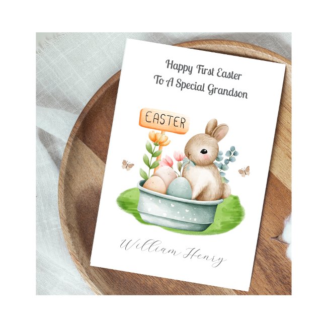 Cartão De Festividades Boy Grandson First Easter Bunny Rabbit Card (Criador carregado)