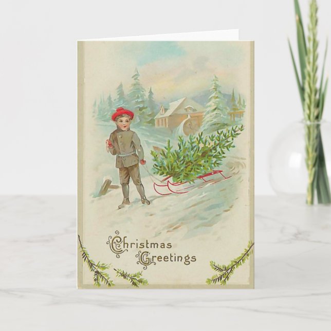 Cartão De Festividades Boy with Sled Christmas Card (Frente)