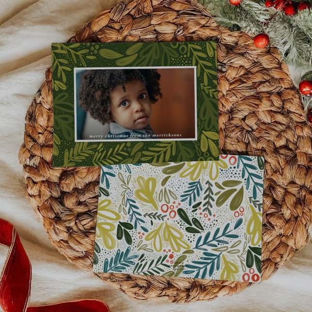 Cartão De Festividades Bramble verde | Foto Botânica Festiva (Green Bramble | Festive Botanical Photo Holiday Card)