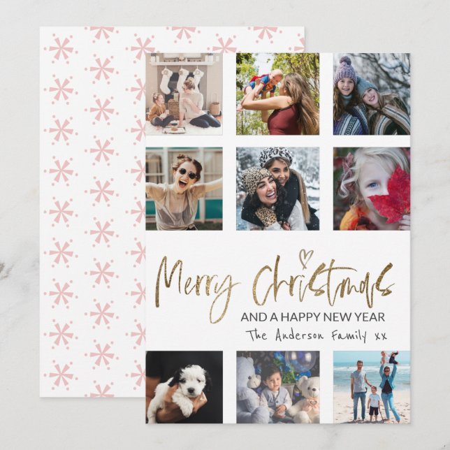 Cartão De Festividades Branca de Colagem de Fotos Dourada do Feliz Natal (Frente/Verso)