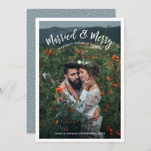 Cartão De Festividades Branca de Foto de Natal Moderno Casado e Feliz (Frente/Verso)