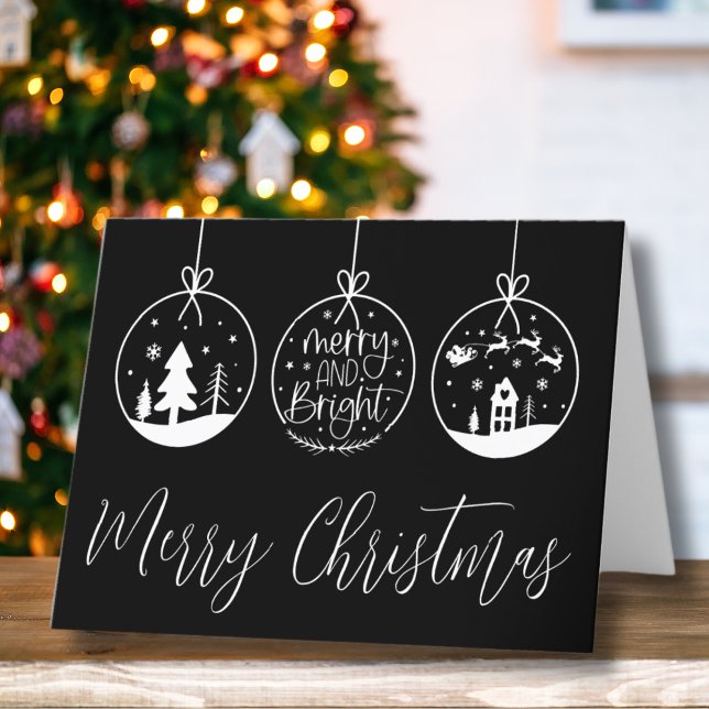 Cartão De Festividades Branca Negra Moderna - Feliz Natal (Modern Black Merry Bright Script Merry Christmas Holiday Card)