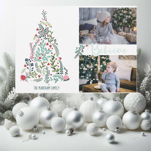 Cartão De Festividades Branches and Berries Believe Holiday Photo Card (Criador carregado)