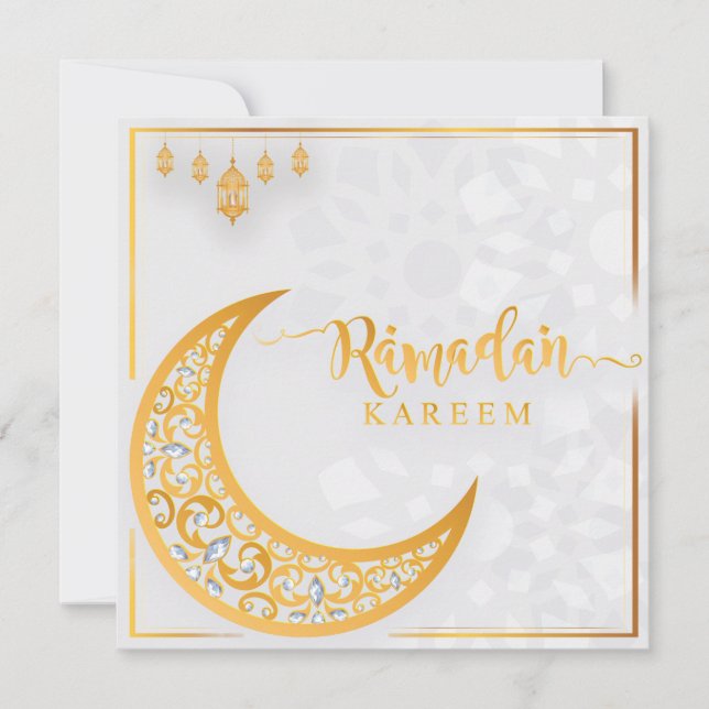 Cartão De Festividades Branco e Ouro 1 personalizados Ramadan Kareem Muba (Frente)