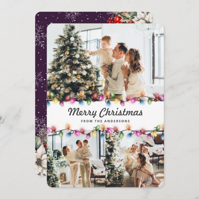 Cartão De Festividades Bright Christmas Lights Purple Botanical Photo (Frente/Verso)