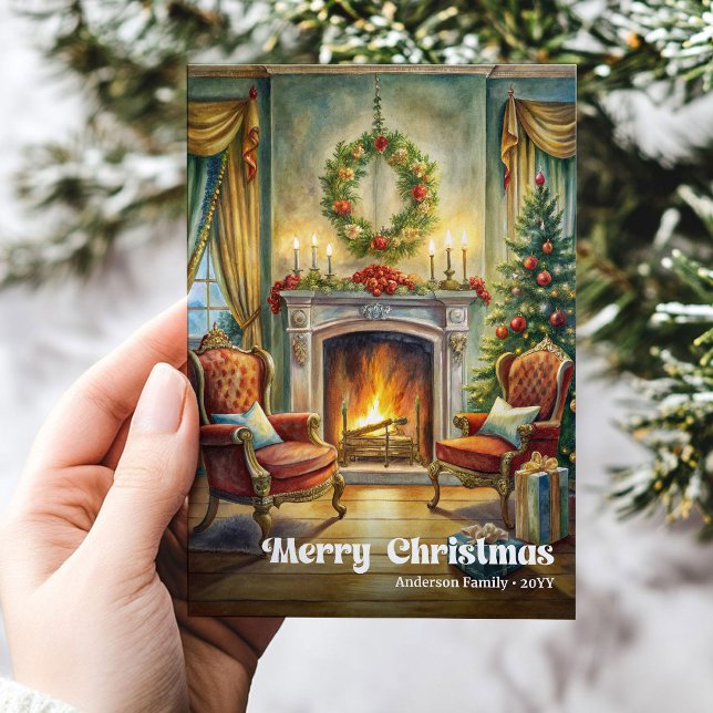 Cartão De Festividades Bright classic Christmas scene with cozy interior (Bright classic Christmas scene with cozy interior)