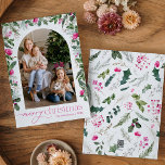 Cartão De Festividades Bright Pink & Greenery Arch Feliz Foto de Natal<br><div class="desc">Esta coleção apresenta cor d'água,  florais cor-de-rosa claro,  bagas e verde de inverno com tipografia moderna e elegante,  com padrão botânico invernal de volta.</div>