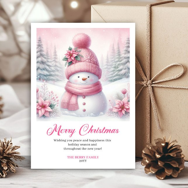 Cartão De Festividades Bright pink snowman Christmas kids greeting card   (Bright pink snowman Christmas kids greeting card editable)