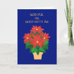 Cartão De Festividades Bright Red Poinsettias Norwegian Language Greeting<br><div class="desc">A bright,  festive Christmas card with the greeting in Norwegian (God Jul) and a gold-effect pot of Bright Red Poinsettias on a Deep Blue background with gold-effect lettering. The design is from a hand-painted paper collage by Judy Adamson and you can add your own inside message if you wish.</div>