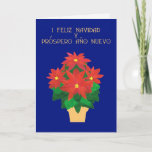 Cartão De Festividades Bright Red Poinsettias Spanish Greeting<br><div class="desc">A bright, festive Christmas card with the greeting in Spanish (i Feliz Navidad) and a gold-effect pot of Bright Red Poinsettias on a Deep Blue background with gold-effect lettering. The design is from a hand-painted paper collage by Judy Adamson and you can add your own inside message if you wish....</div>