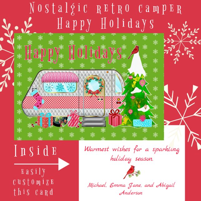 Cartão De Festividades Brilhante, Festivo, Camper com Neve (Nostalgic merry and bright retro camper Happy Holidays card)